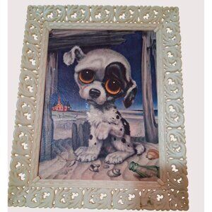 Vintage Big Eye Puppy Art In Ornate White Plastic Frame 1960s Mcm